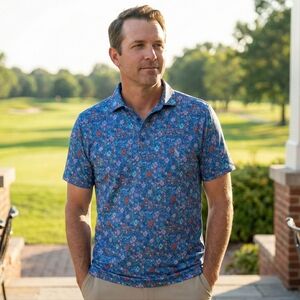 Redvanly Men’s Luxury Blue Floral Golf Polo Size Small
